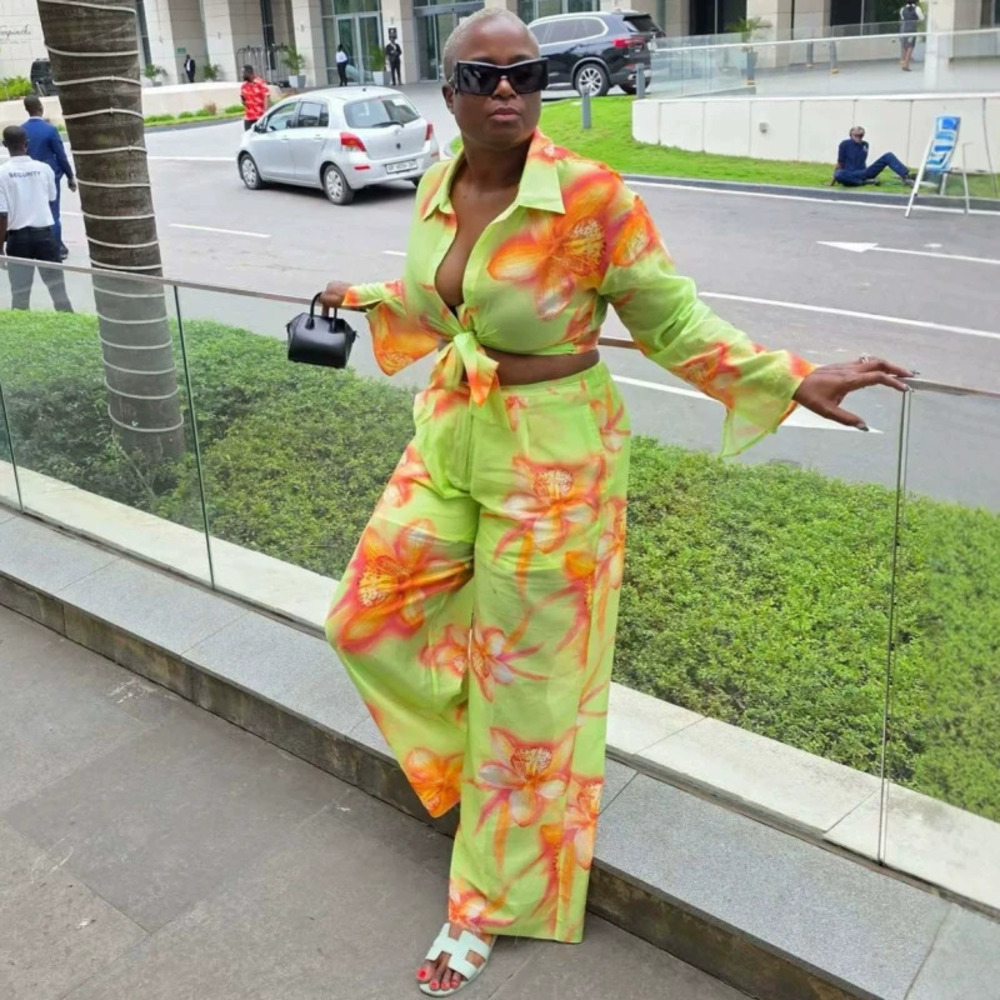 ZARA African Slim Fit Turn Down Collar Long Sleeve Print Blouse Pants Women Set